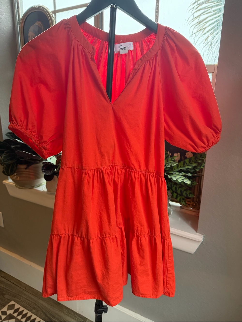 JAPNA coral / orange Tiered Puff Sleeve Mini Dress Boho V-Neck size S
